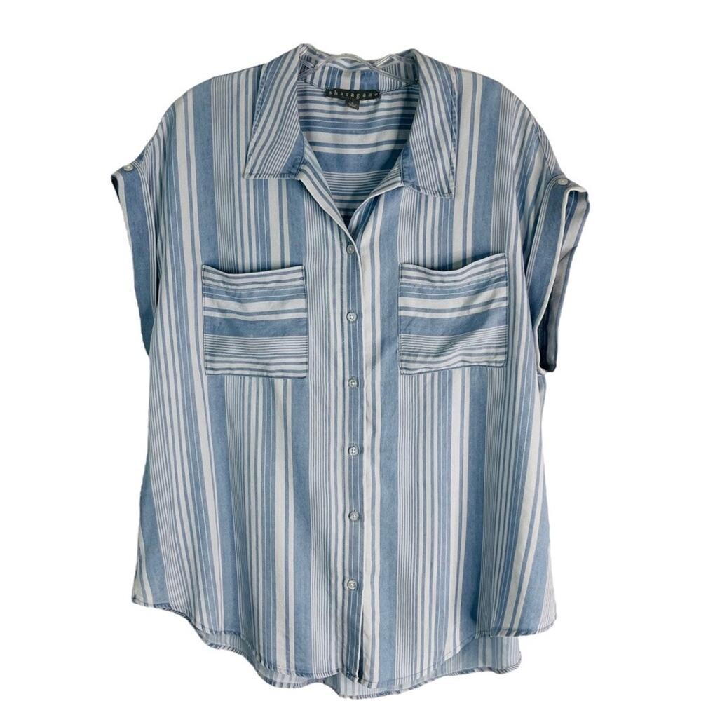 Sharagano blue white striped preppy coastal oversized button front top small
